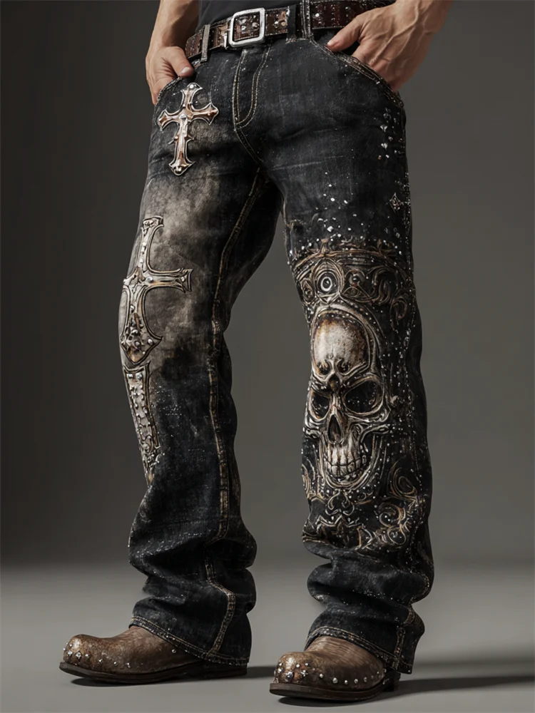 Men's Rock Skull Cross Studded Washed Bootcut Jeans