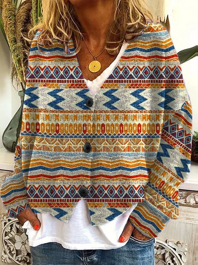 Women's Retro Western Print Plush Cardigan
