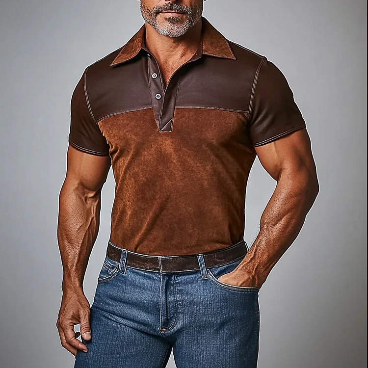 Men's Suede Patchwork PU Leather Short Sleeve Polo Shirt