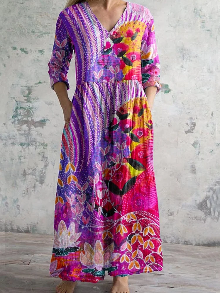 Women's Artistic Geometric Pattern Color Gradient V-neck Cotton And Linen Dress