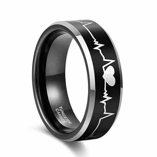 Men's EKG Heartbeat Wedding Band Rings,Black Tungsten Carbide with Silver tone edges. Laser Etched Heart Life-line. Comfort Fit Love Ring