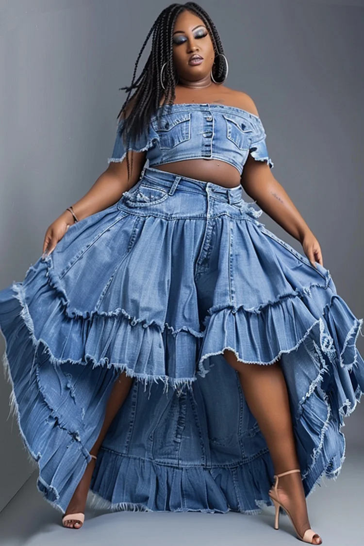 Xpluswear Design Plus Size Daily Blue Ruffle Irregular Hem Denim Skirts [Pre-Order]
