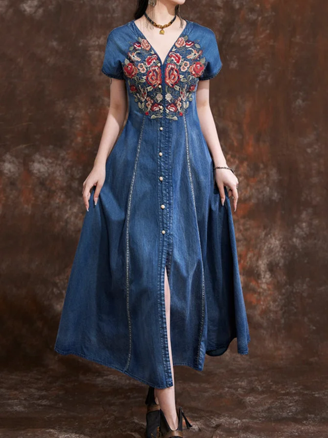 Women's Denim Short Sleeve V-neck Dress