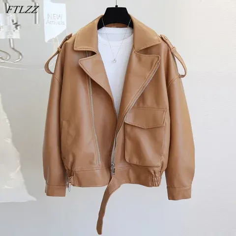 FTLZZ Autumn Winter New Soft Faux Leather Jacket Women Loose Moto Bike Coat Streetwear Female Brown PU Leather Jackets with Belt