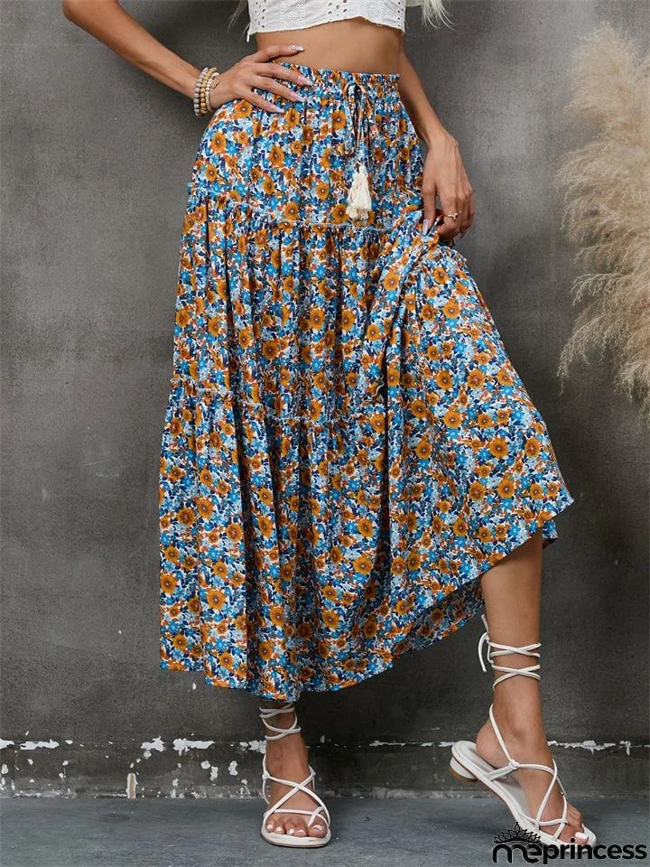 Bohemian Style Lady Spring Summer Flowers Print Beach Holiday Skirt