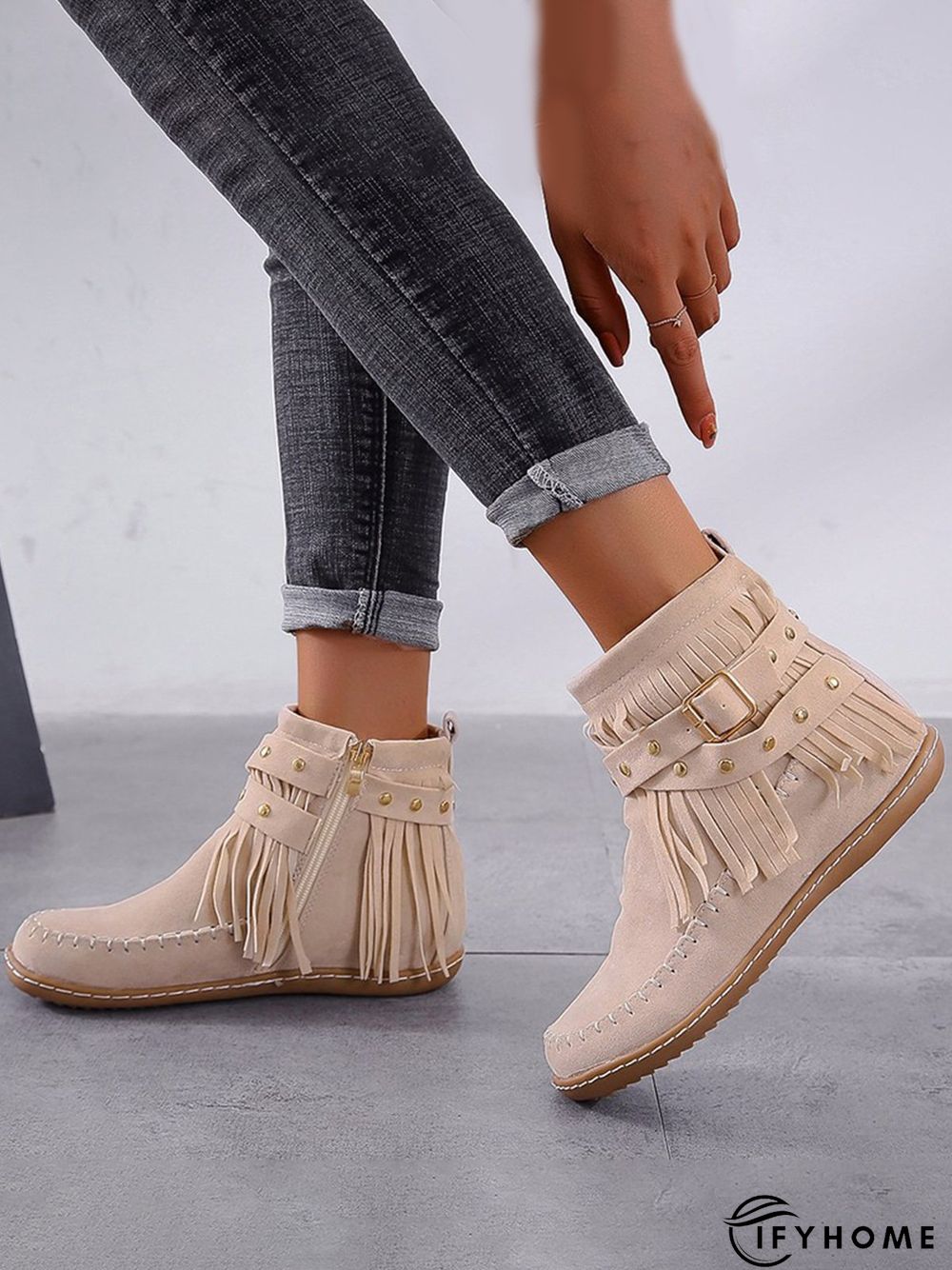 Vintage Fringe Studded Flat Round Toe Buckle Booties | IFYHOME