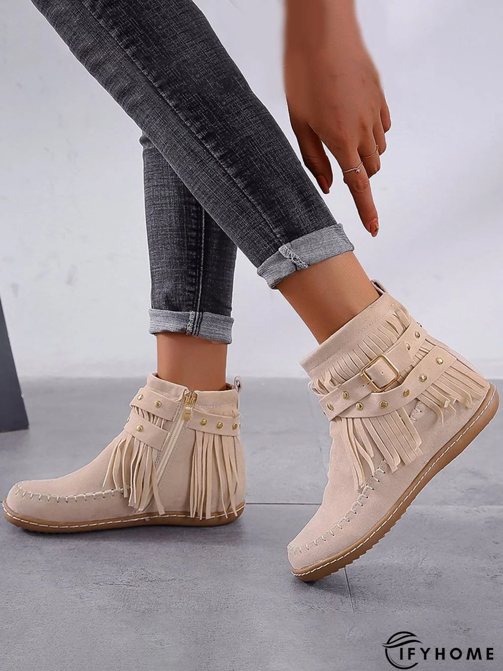 Vintage Fringe Studded Flat Round Toe Buckle Booties | IFYHOME