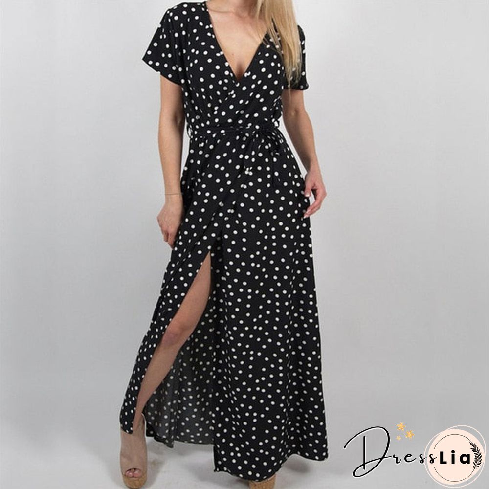 Summer Women Boho Dress Sexy V Neck Short Sleeve Beach Sundress Casual Dot Print Long Dress Vintage Party Dresses
