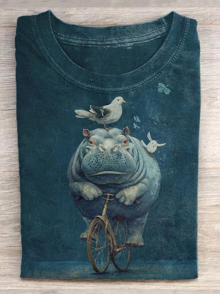 Comstylish Unisex Funny Hippopotamus Illustration Printed Casual Short-Sleeved T-Shirt