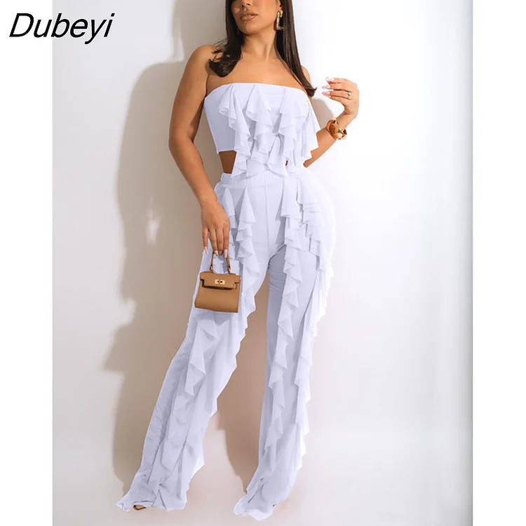 Dubeyi Mesh See Though Beach Sexy Women 2pcs Set Strapless Crop Tops and Ruffles Pants Set 2022 Tracksuit Two Piece Set Outfit