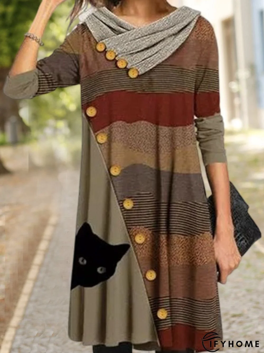 Cat Casual Autumn Polyester V neck Micro-Elasticity Loose Skirt A-Line Dress for Women | IFYHOME