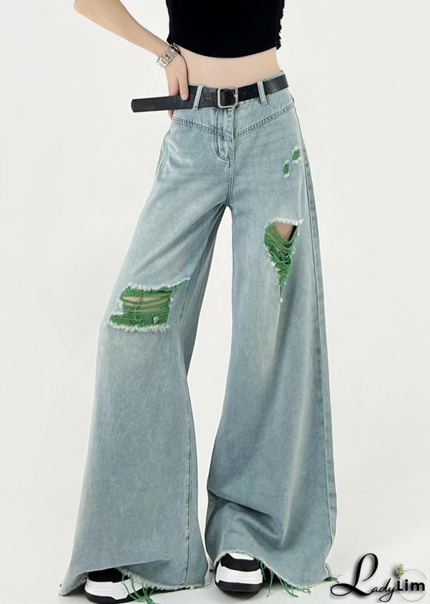 Boutique Pink Patchwork Ripped Denim Wide Leg Pants Fall