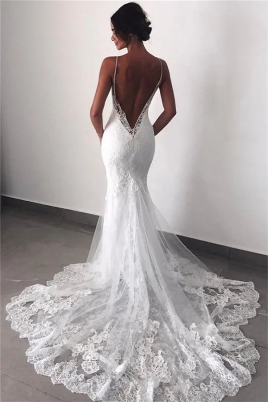 Luluslly Spaghetti-Straps Mermaid Lace Wedding Dress With Appliques On Sale