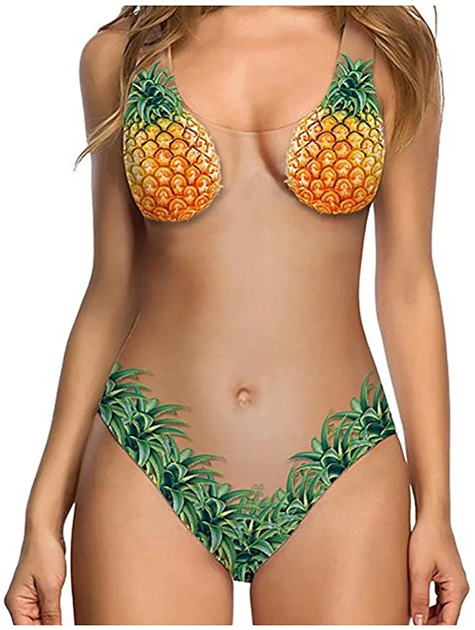 Women's One Piece Sexy 3D Fake Fruit Shell Bikini Print Funny Swimsuits Bathing Suit Swimwear