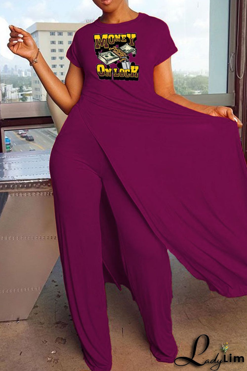 Black Casual Print Patchwork Slit O Neck Short Sleeve Two Pieces