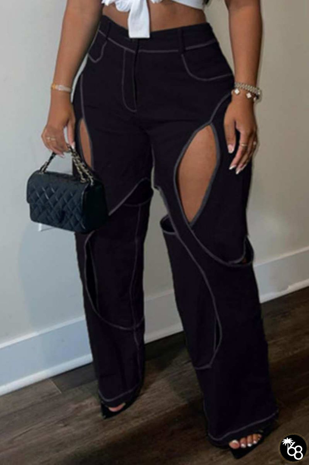 Black Casual Solid Hollowed Out Patchwork Regular High Waist Conventional Solid Color Trousers | 168DEAL