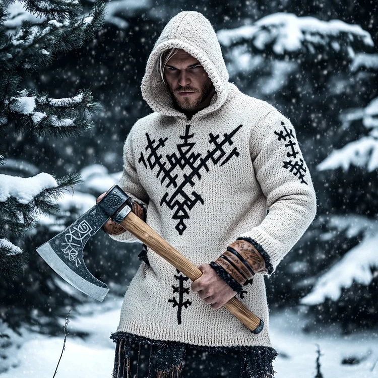 Men's Viking Runes Graphics Inspired Knit Hooded Sweater