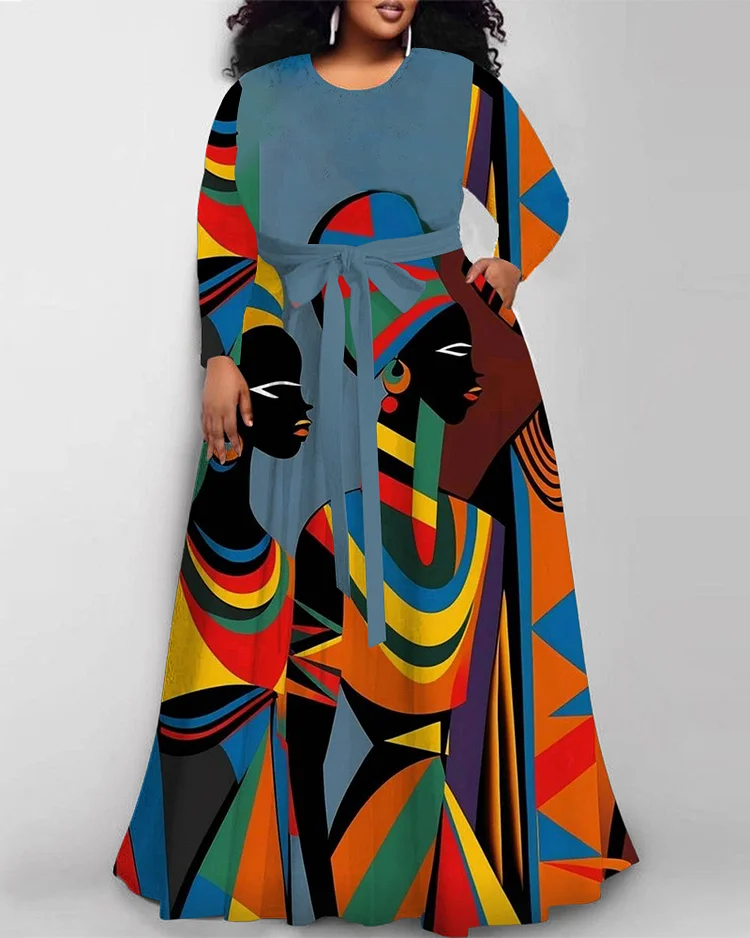 Retro Ethnic Print Long Sleeve Round Neck Maxi Dress