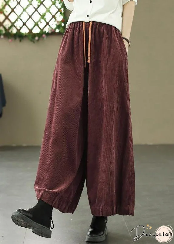 Loose Wine Red Pockets Elastic Waist Corduroy Pants Spring