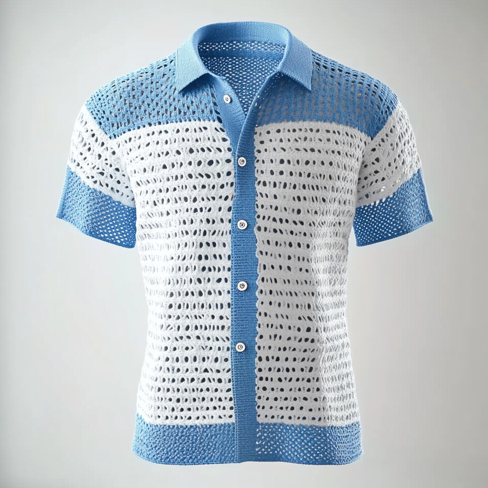 Men's Color Blocks Hollow Out Knit Button Short Sleeve Shirt