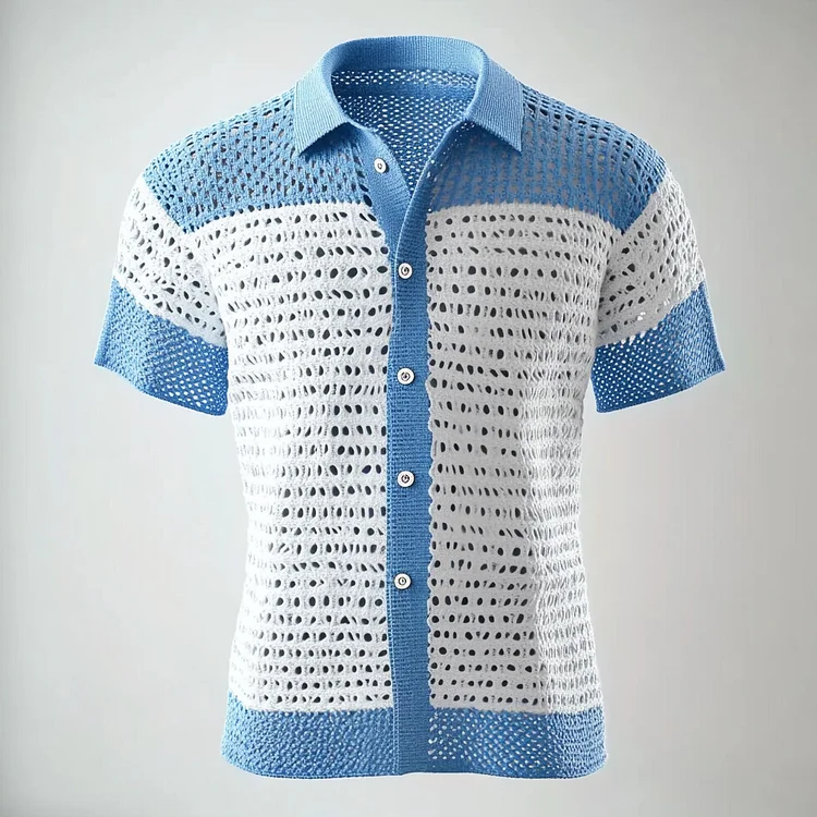Men's Color Blocks Hollow Out Knit Button Short Sleeve Shirt