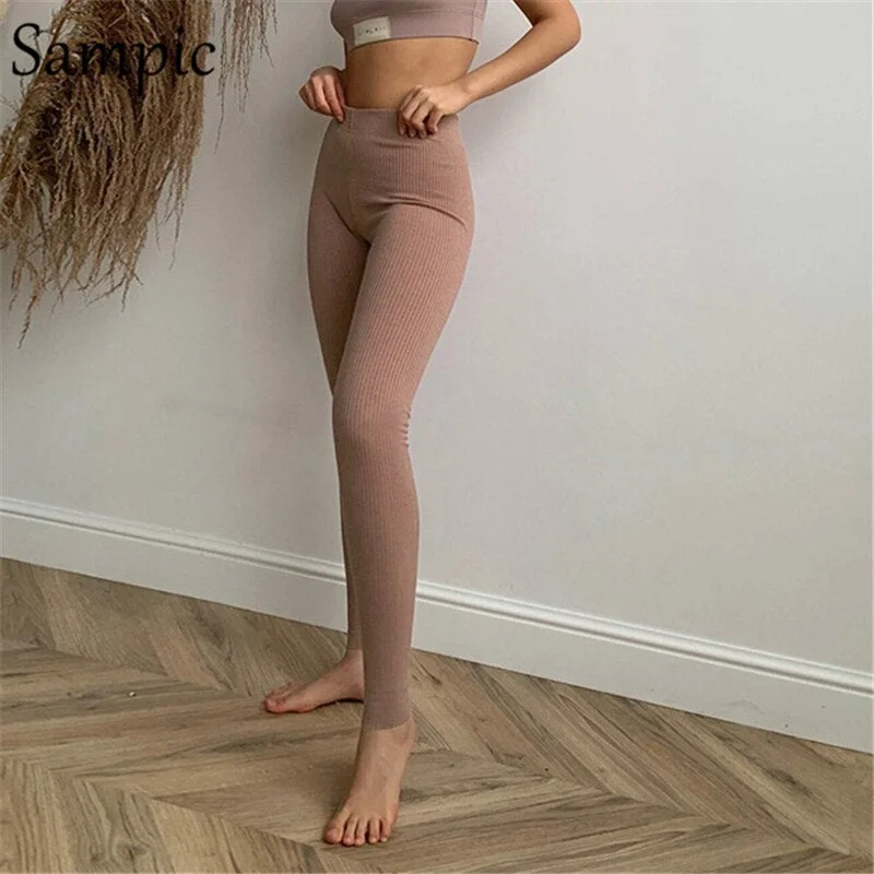 Sampic 2021 Skinny Casual Knitted Ribber Sport High Waisted Women Leggings Fashion Sexy Wrap Pants Female Leggings For Fitness