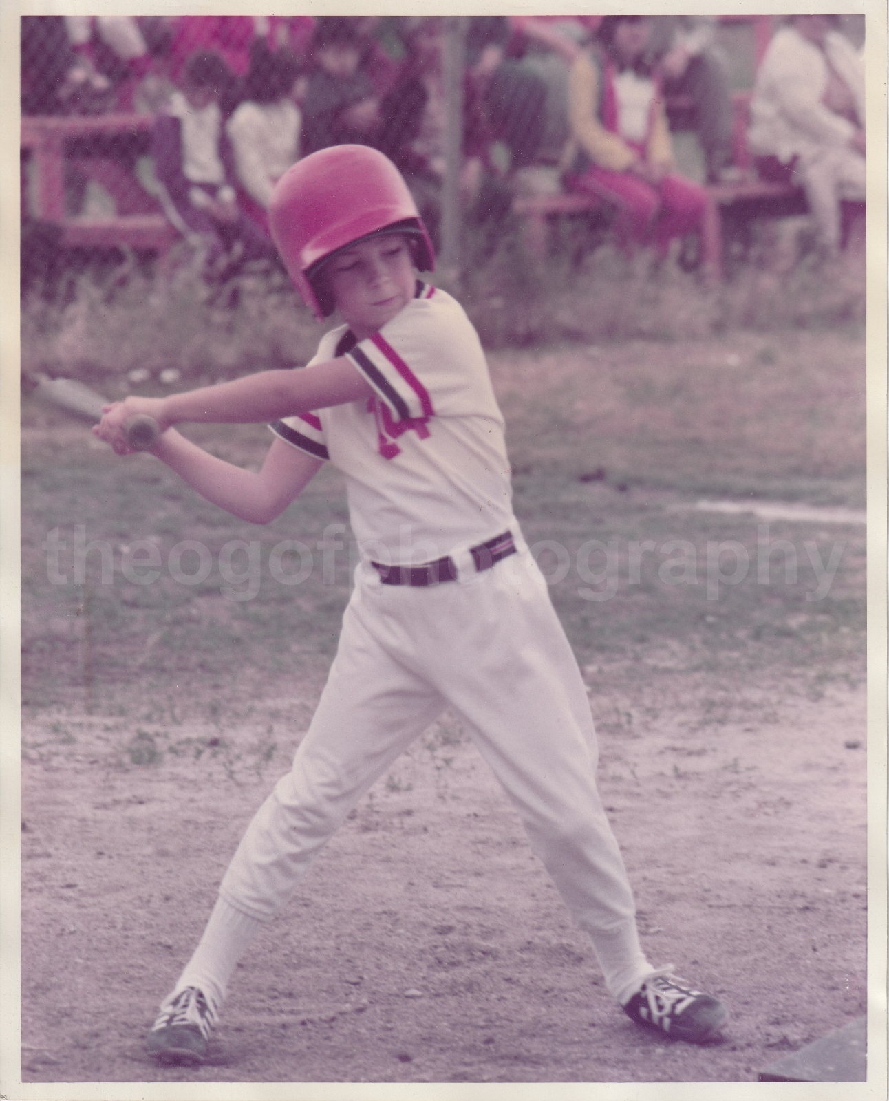 Baseball Kid FOUND Photo Poster painting 8x10 ColorSwinging The Bat VINTAGE 82 11