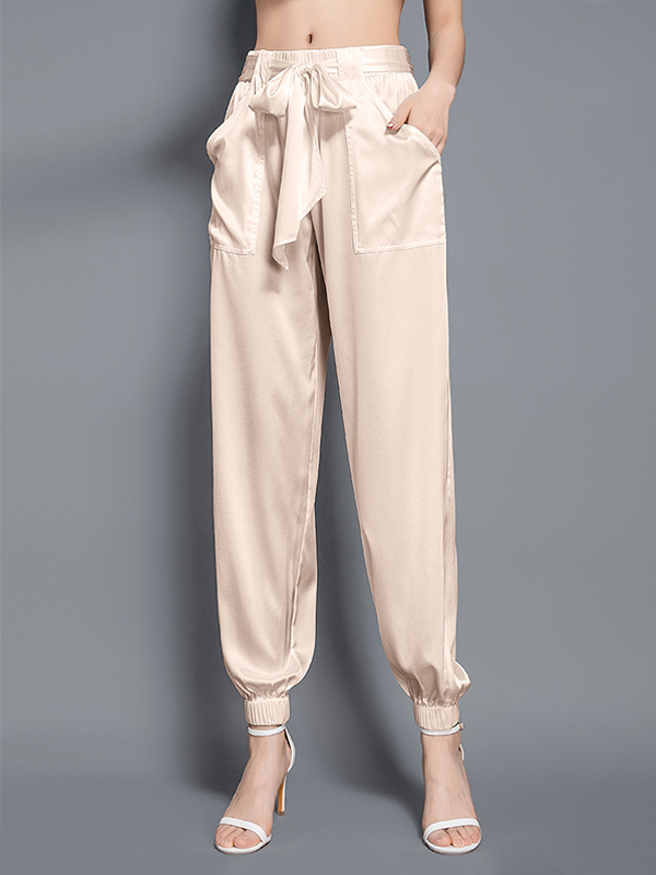 19 MOMME Pantalon en soie à taille élastique avec poches latérales-Soie Plus