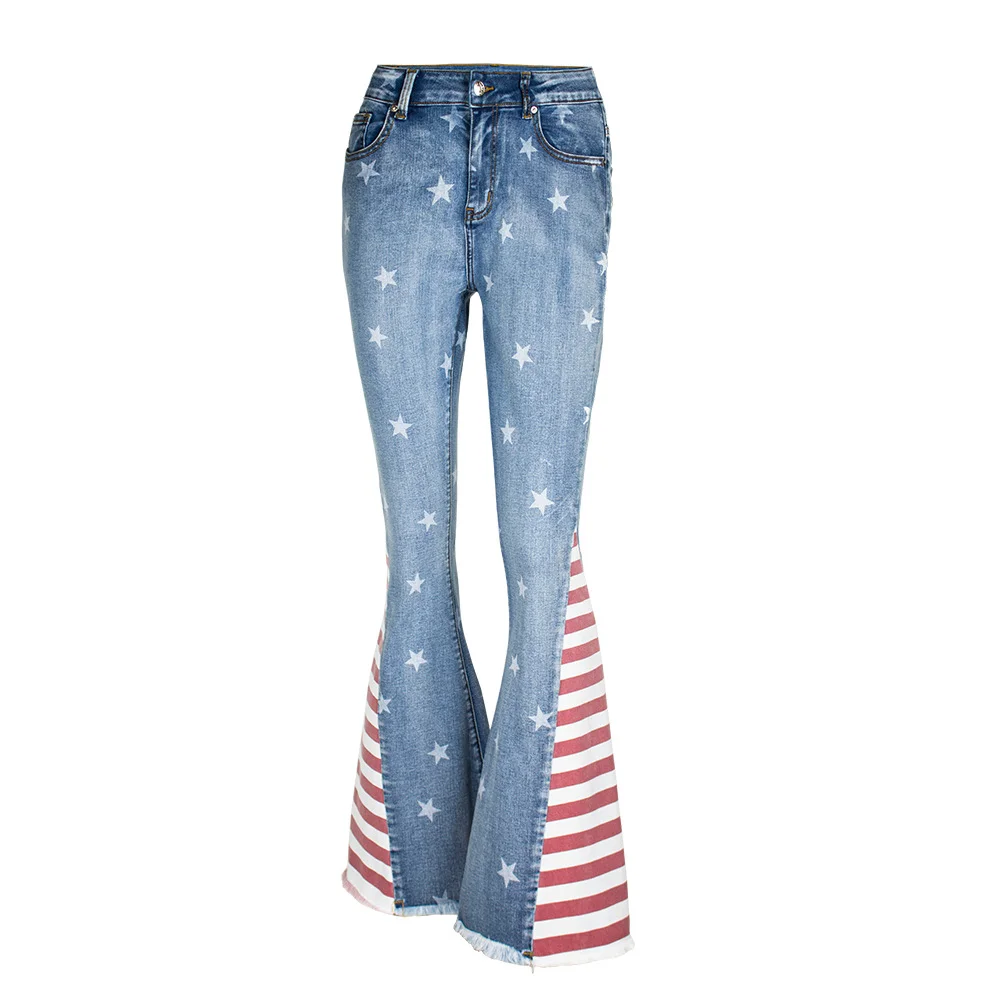 Women's Color Matching Striped Star Pattern Mopping Trousers Flared Denim Pants
