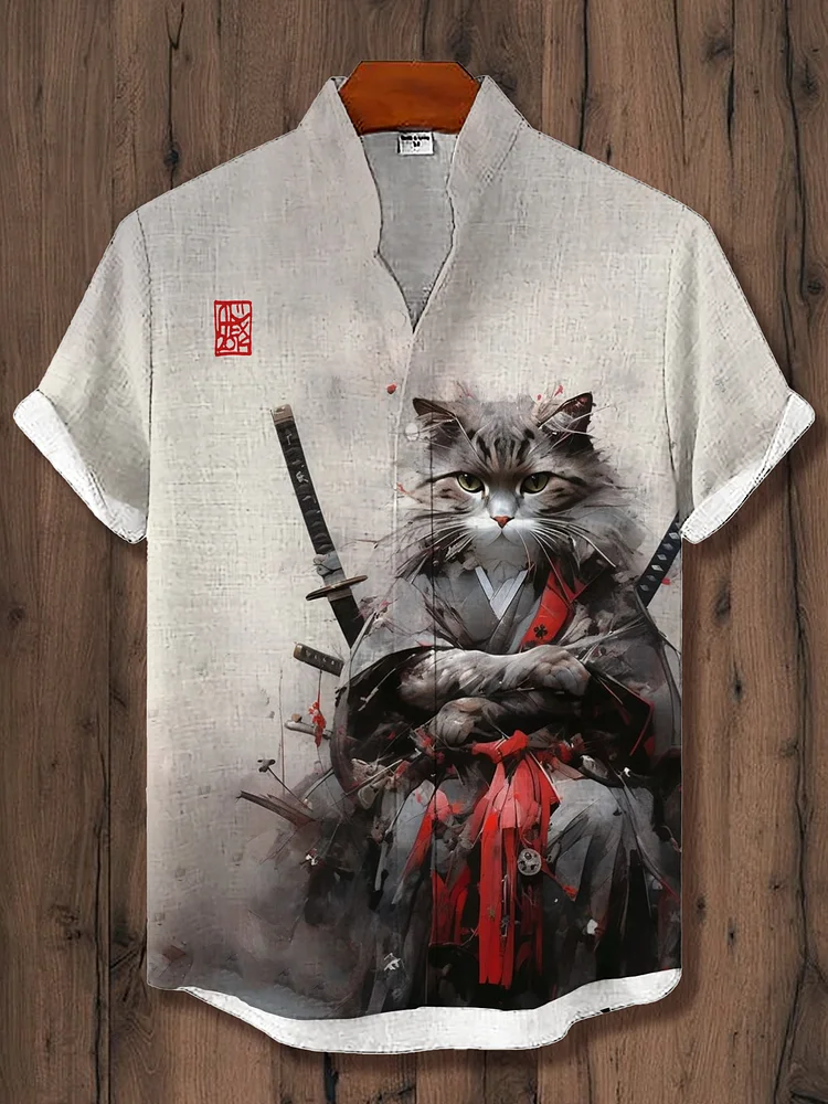 Men's Japanese Cat Samurai Art Pattern Casual Linen Blend Shirt