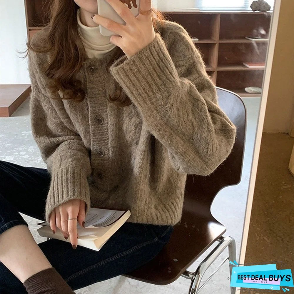 Coarse Needle Twisted Single-Breasted Knitted Retro Cardigan Sweater