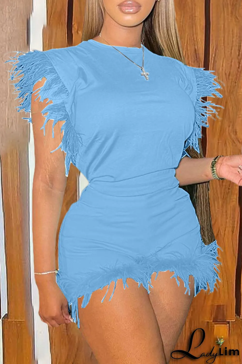 Cyan Fashion Casual Solid Patchwork Feathers O Neck Sleeveless Two Pieces