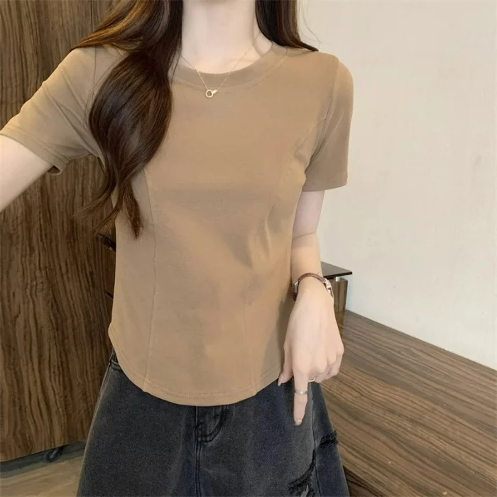 Brownm Brownm Summer New Slim Short-Sleeved T-Shirt Women's Design Sense Short Pure Desire Irregular Hem Curved Top