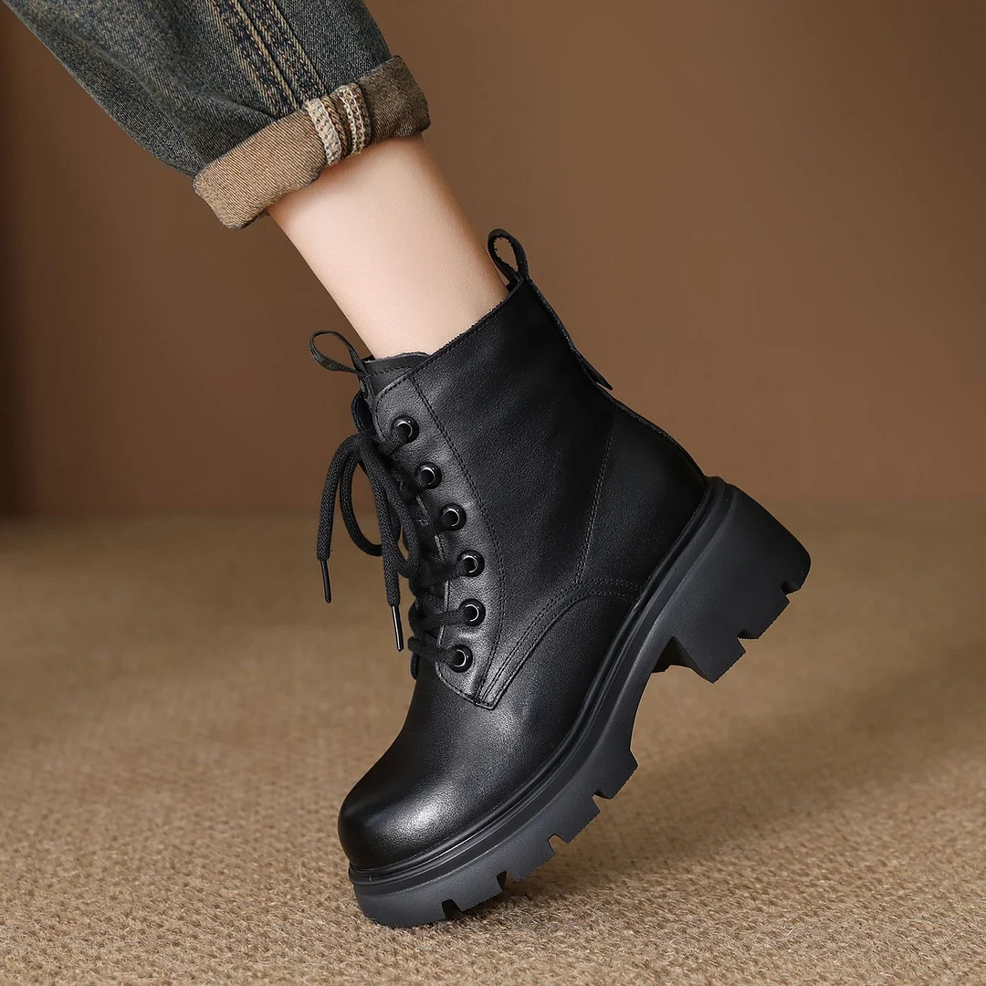 Yyvonne Layer Of Cowhide Martin Boots Women 2025 Autumn And Winter New Thick-Bottomed Fashion Light, Anti-Slip Coarse And Leather Short Boots