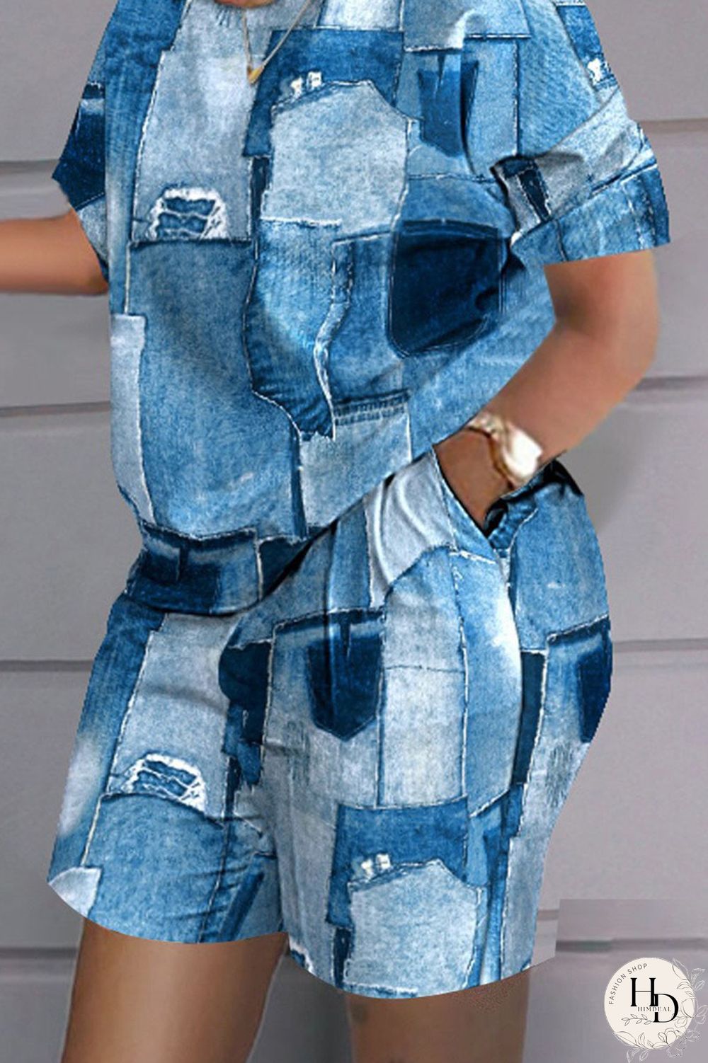 Grey Black Casual Print Patchwork O Neck Short Sleeve Two Pieces