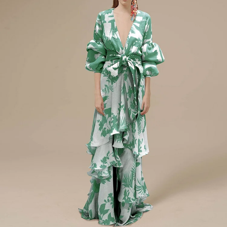 Sexy Deep V Neck Irregular Ruffle Bohemian Party Fashion Maxi Dress