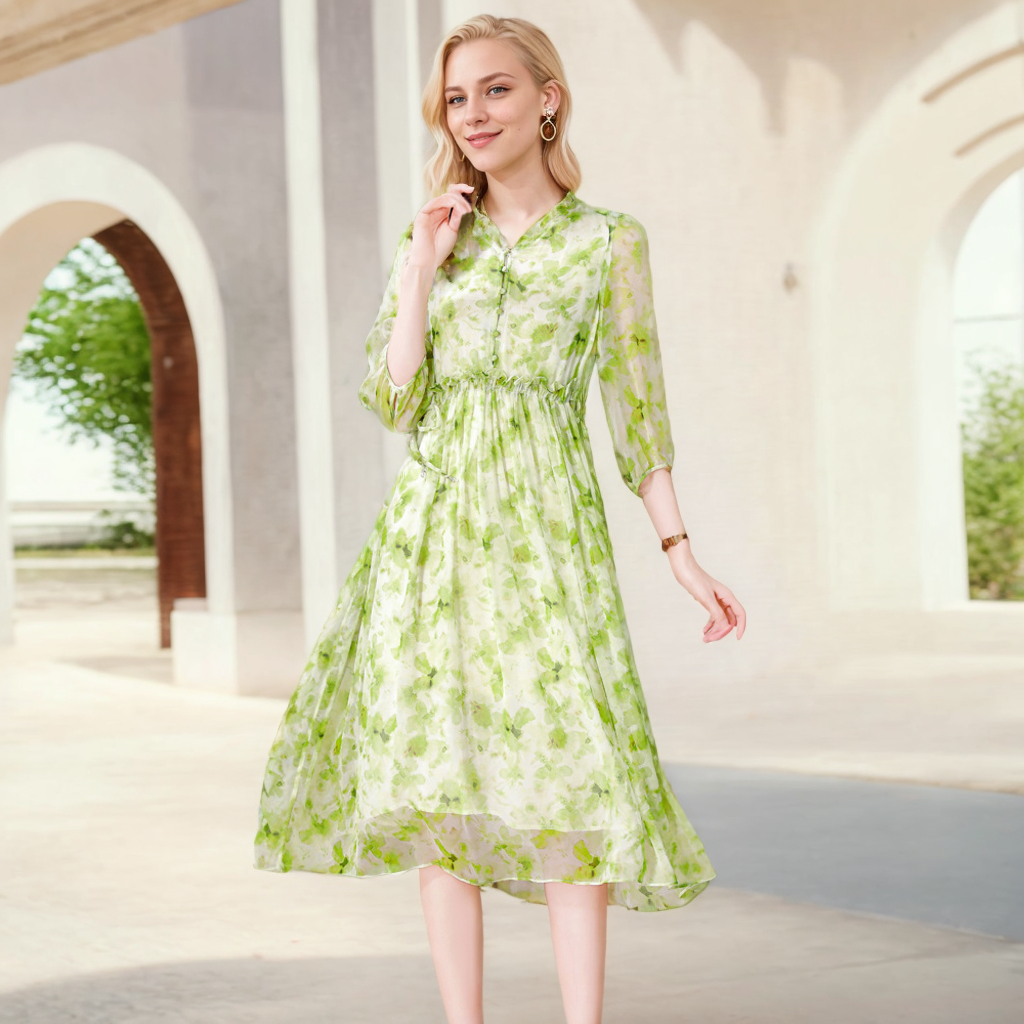 100 Silk Dress Ruffle Collar Vacation Style REAL SILK LIFE