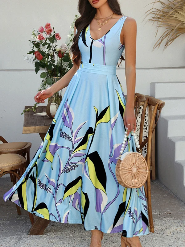 Bowknot Contrast Color Pleated Printed Split-Joint Zipper A-line High Waisted V-neck Maxi Dresses