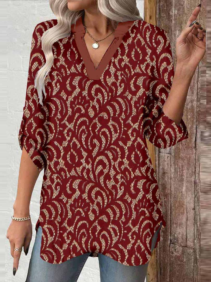 Women Floral,  Red,  Brown DZGA0433 3/4 Sleeve V-neck Printed Graphic Button Tops
