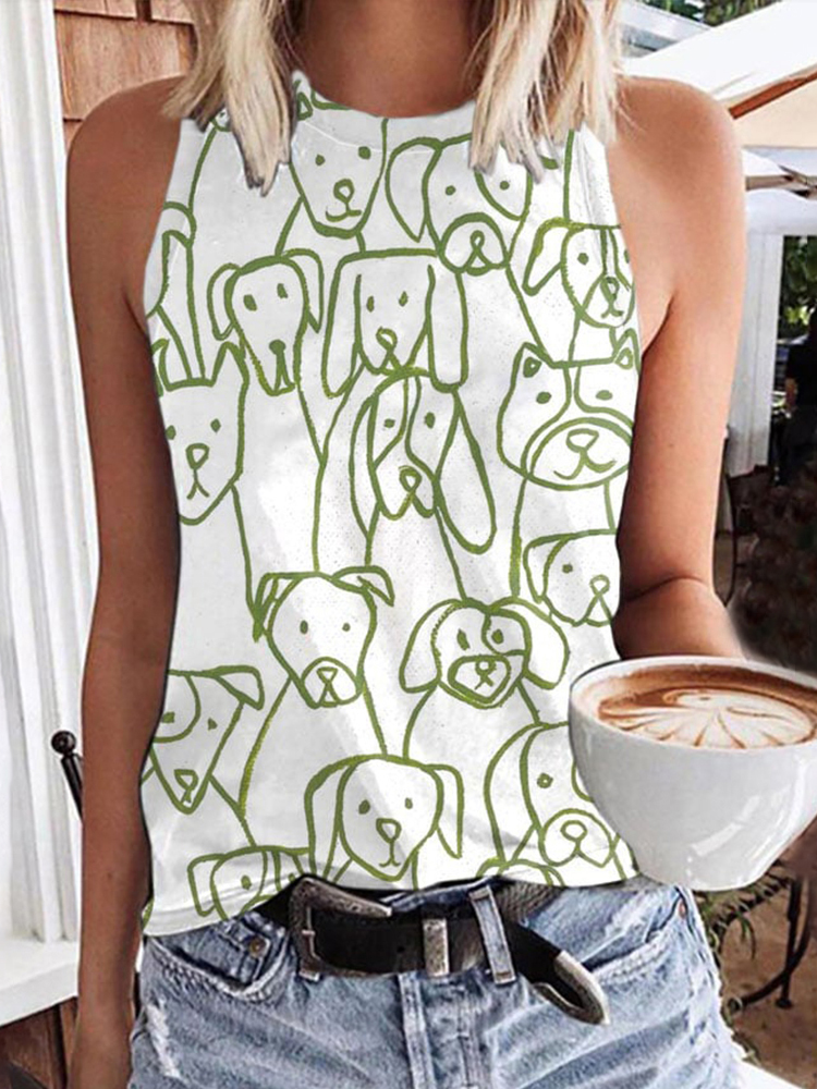 Comstylish Women's Dogs Printed Round Neck Tank Top