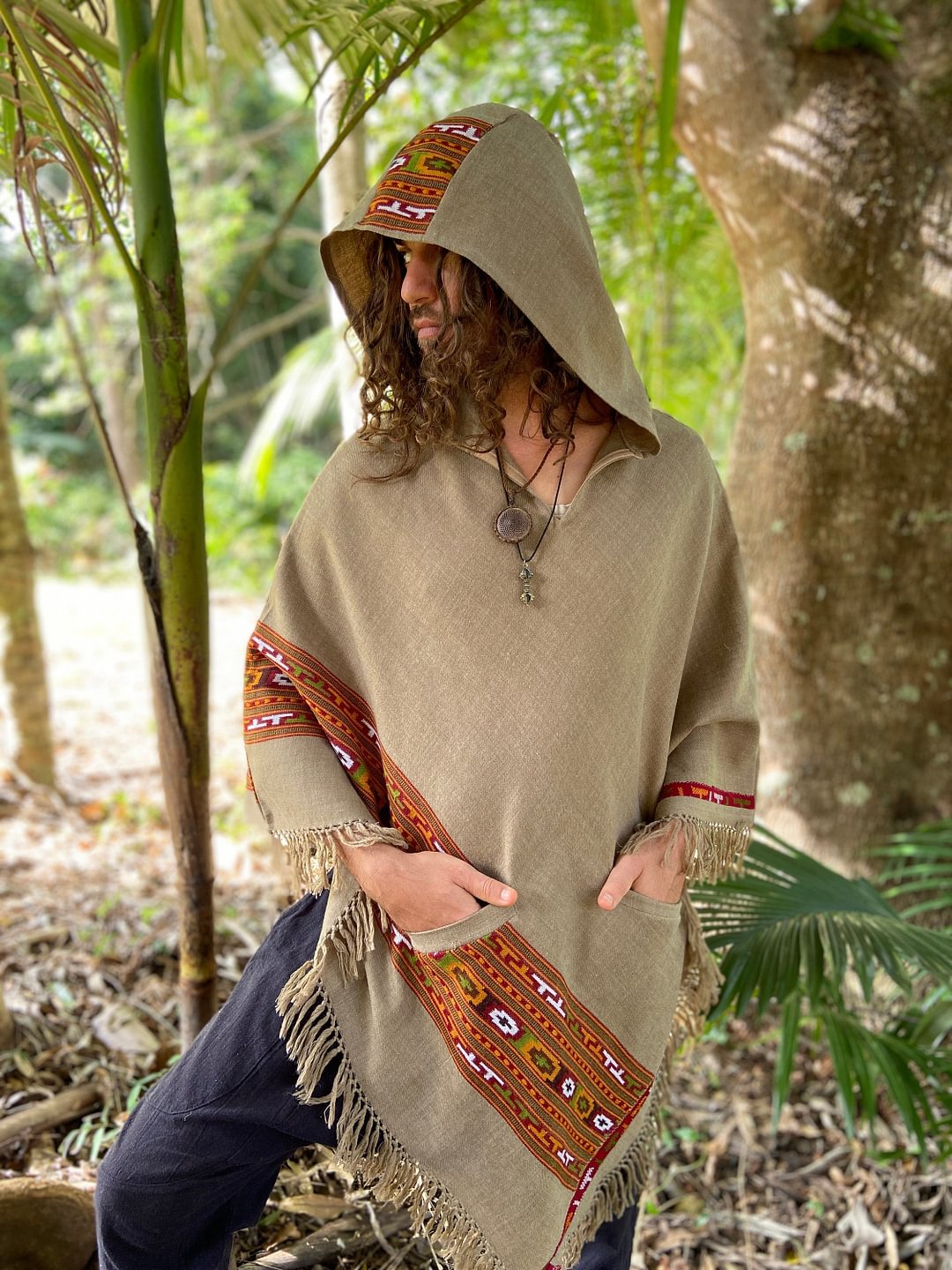 VIRIYA Men's Wool Poncho Cedar Brown Handwoven Premium Pure Cashmere Winter Zen Embroidery Boho Gypsy Festival Rave Mexican Aztec Celtic