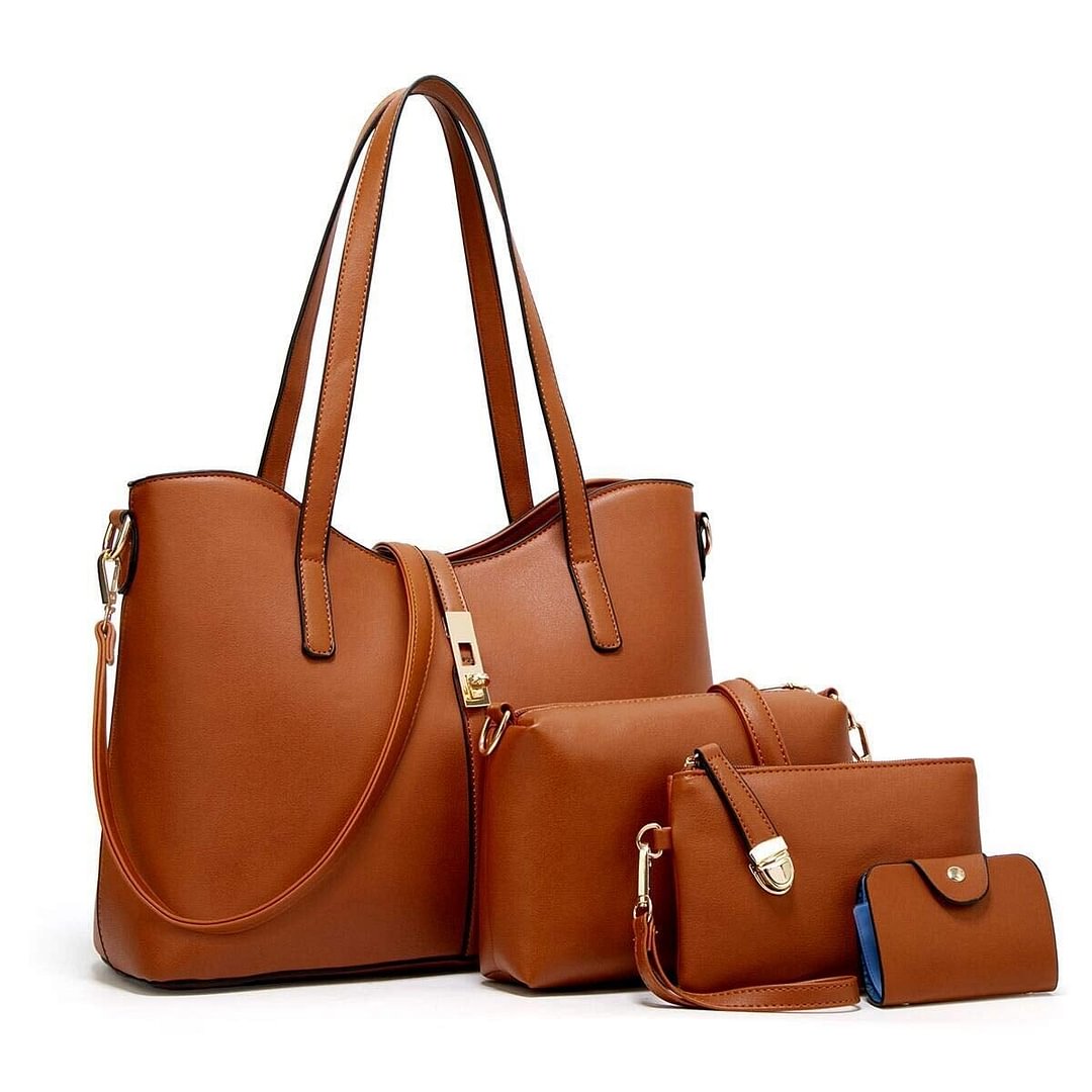 Women Fashion Synthetic Leather Handbags+Shoulder Bag+Purse+Card Holder 4pcs Set Tote