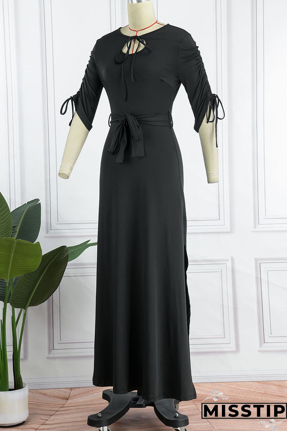 Black Casual Solid Bandage Patchwork O Neck Straight Dresses