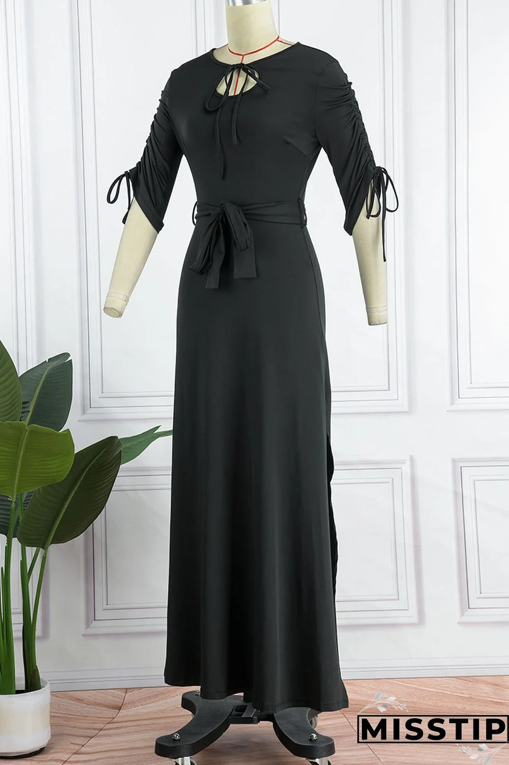 Black Casual Solid Bandage Patchwork O Neck Straight Dresses