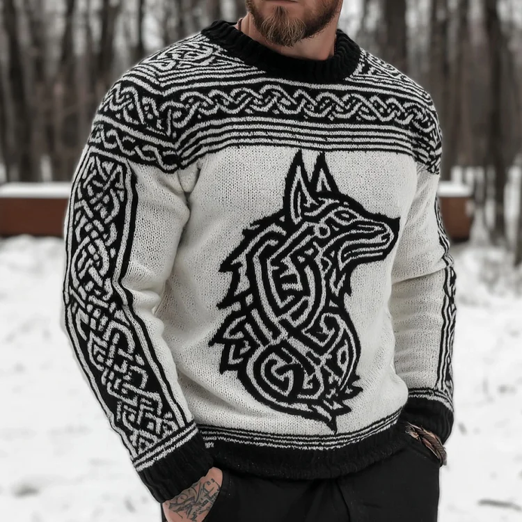 Men's Celtic Knot And Wolf Pattern Knit Sweater