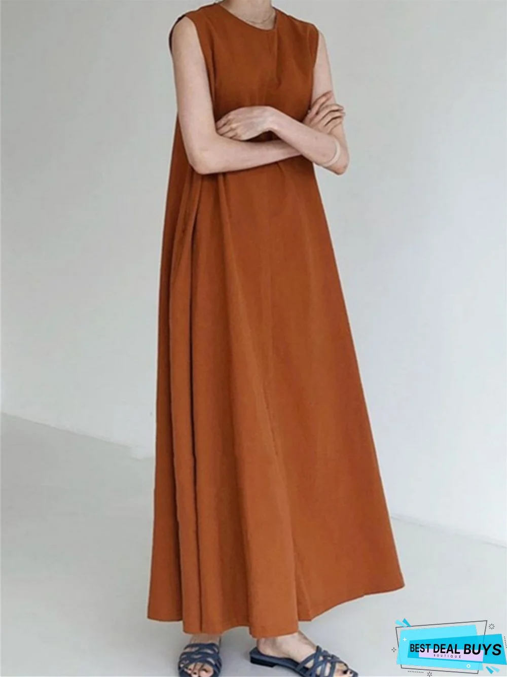 Simple Lazy Big Swing Loose Sleeveless A-Line Vest Slim Cotton and Linen Dress