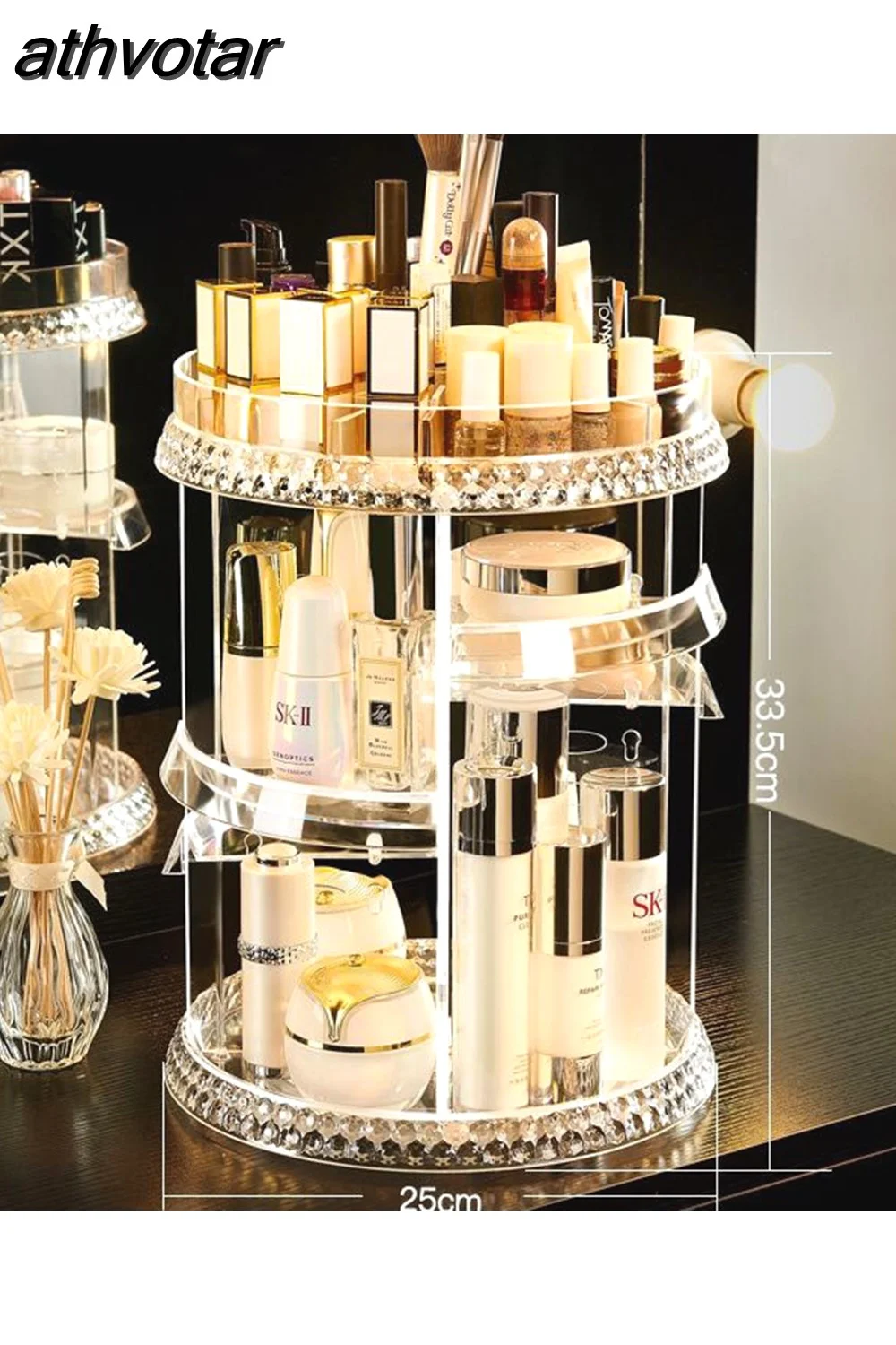 athvotar Degree Rotating Cosmetic Storage Box Make-up Organizer Lipstick Holder Transparent Crystal Display Stand Large Capacity