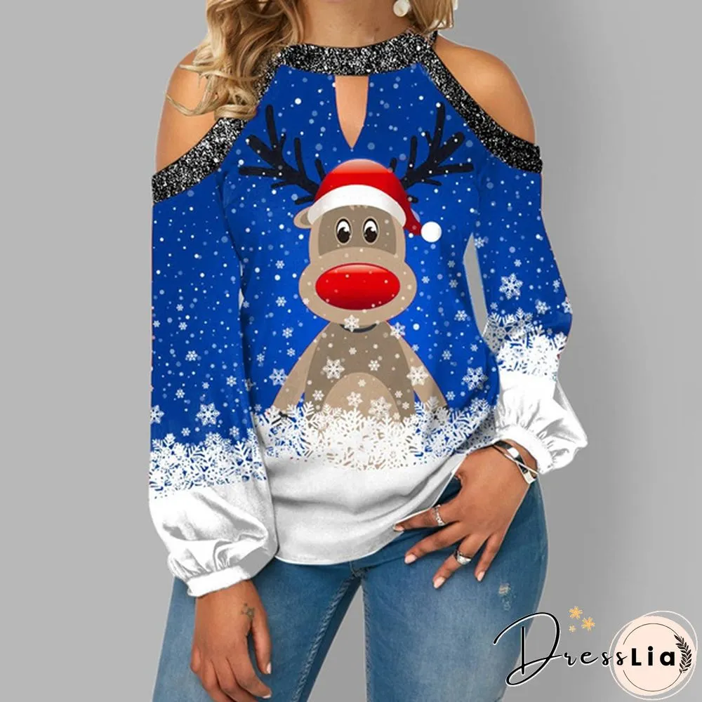 Spring and Early Autumn New Fashion Womens Christmas Printed Long Sleeve V-neck Off
