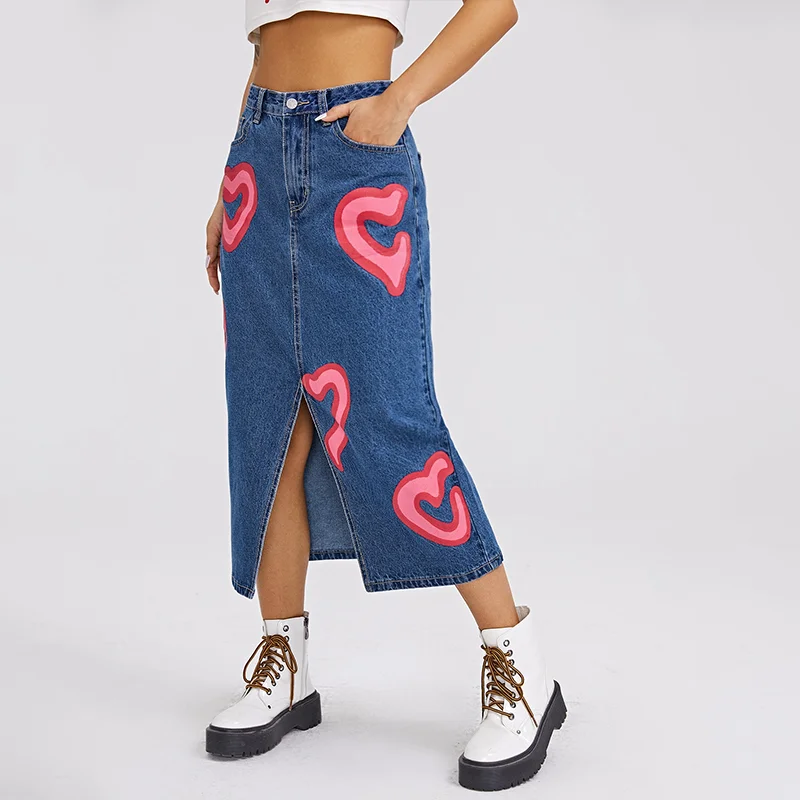 Fashion Front Slits Mid-length Denim Skirt