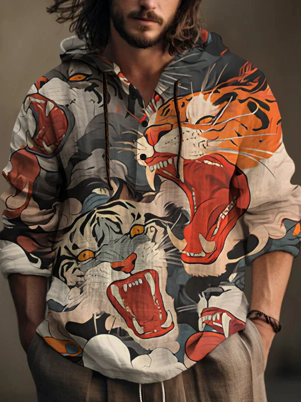 Men's Retro Mythology Tiger Art Print Hooded Shirt